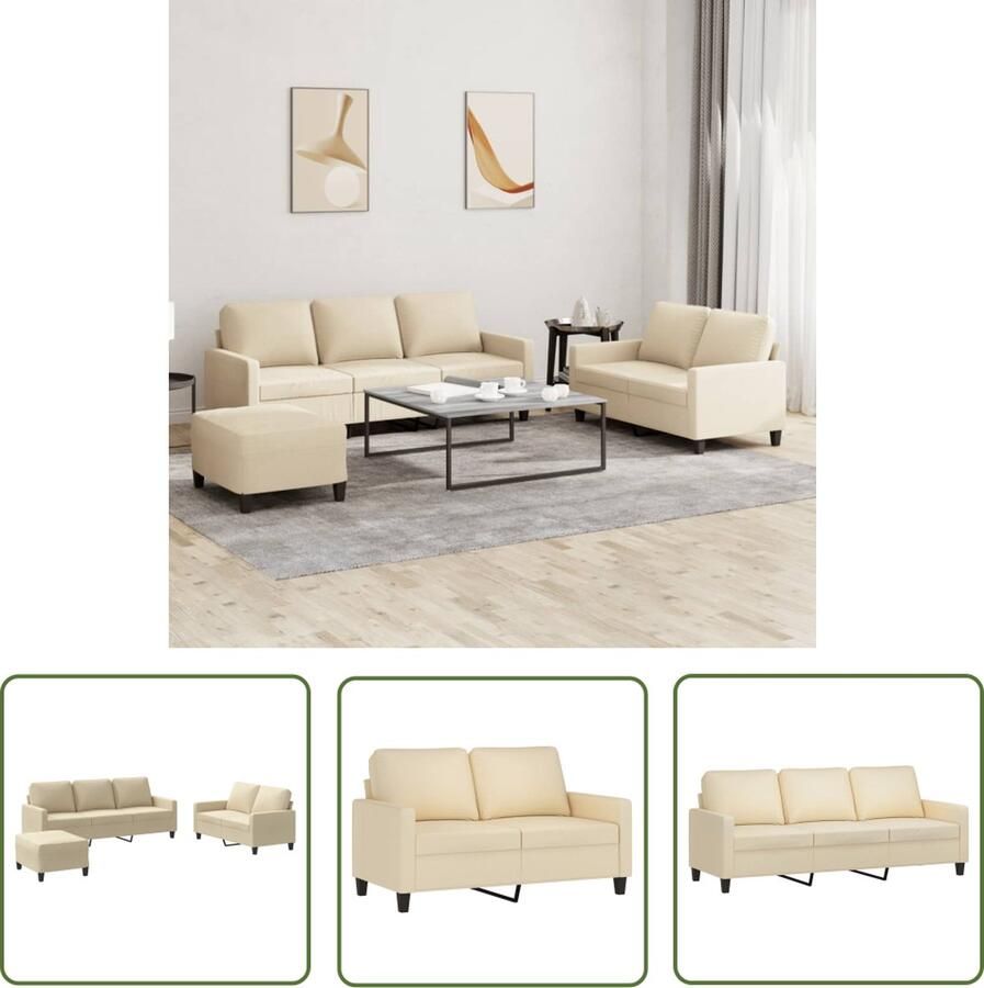 The Living Store Loungeset Comfort Banken en voetenbankje 138 x 77 x 80 cm en 198 x 77 x 80 cm Crème kleur Stof metaal textileen en multiplex Montage vereist Inclusief 5 zitkussens
