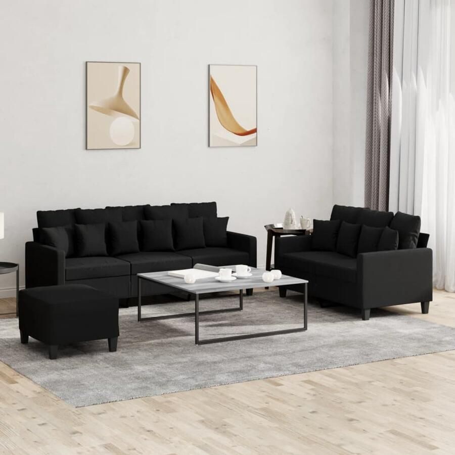 The Living Store Loungeset Zwarte Stoffen 2- en 3-zitsbank met voetenbank 138x77x80 cm 198x77x80 cm Duurzame stof stevig frame Comfortabele zitervaring Inclusief kussens