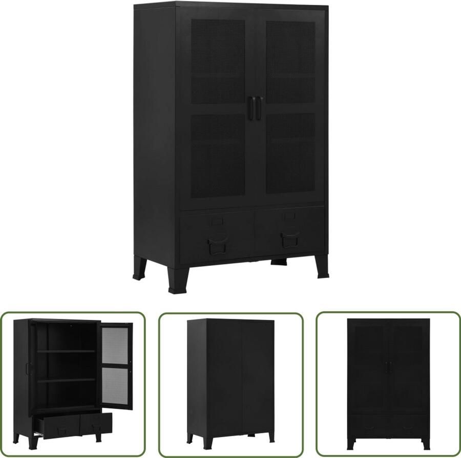 The Living Store Kantoorkast met gaasdeuren industrieel 75x40x120 cm staal zwart Archief Kast Bureau Accessoires Metalen Kast Zwarte Kast Opslagkast
