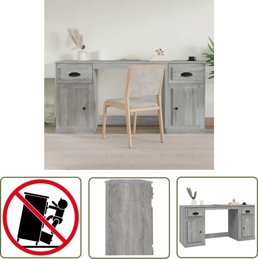 The Living Store Bureau met kast bewerkt hout grijs sonoma eikenkleurig Kantoormeubilair Bureau Houten Bureau Grijze Bureau Werkstation - Foto 2