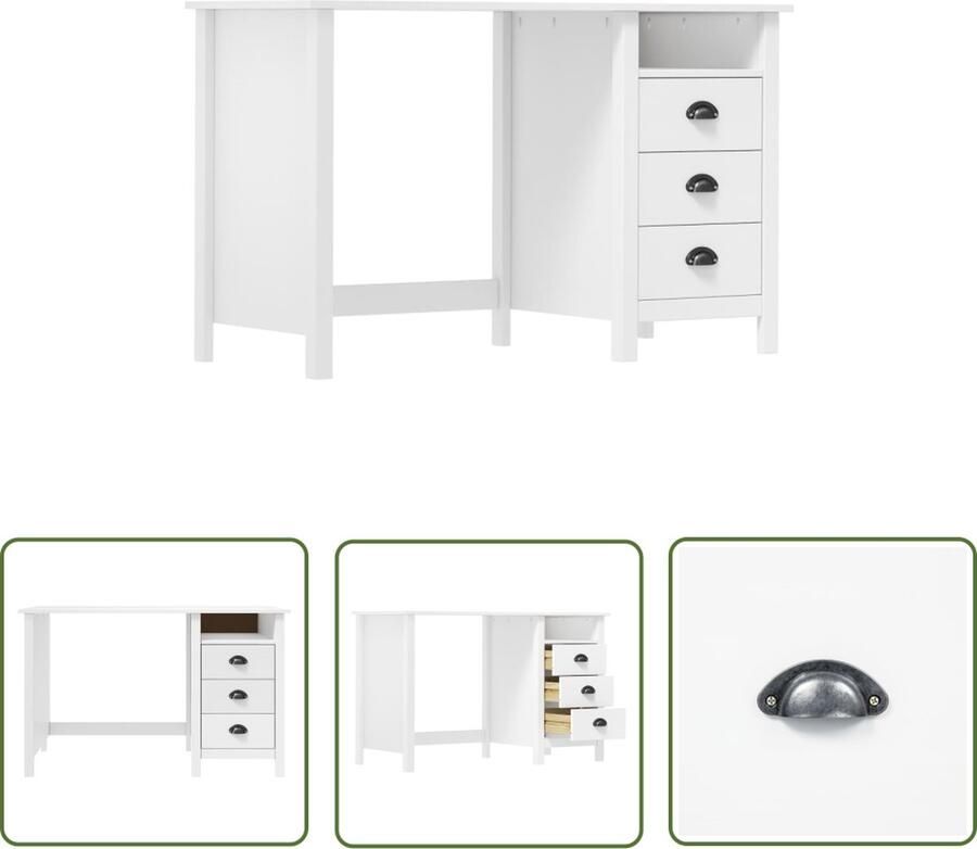 The Living Store Hill Computertafel 120 x 50 x 74 cm Massief Grenenhout 3 Lades 1 Schap Computerbureau Bureaublad Schrijfbureau Home Office Werkblad - Foto 2