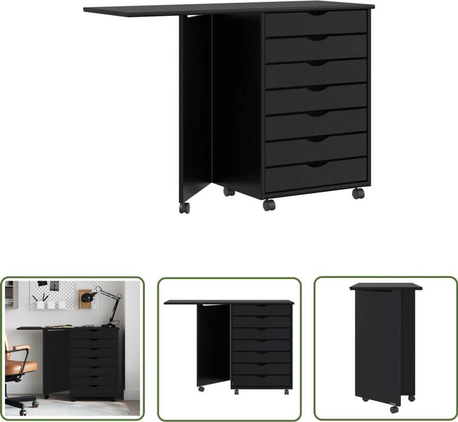 The Living Store Rolkast met bureau MOSS massief grenenhout zwart Rolkast Buro Houten Kast Grenoblenhout Opbergkast