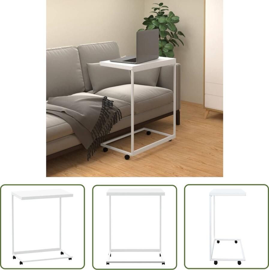 The Living Store Bijzettafel met wieltjes 55x35x70 cm bewerkt hout wit Bijzettafel C Vormige Bijzettafel Salontafel Witte Bijzettafel Hout Meubilair - Foto 2