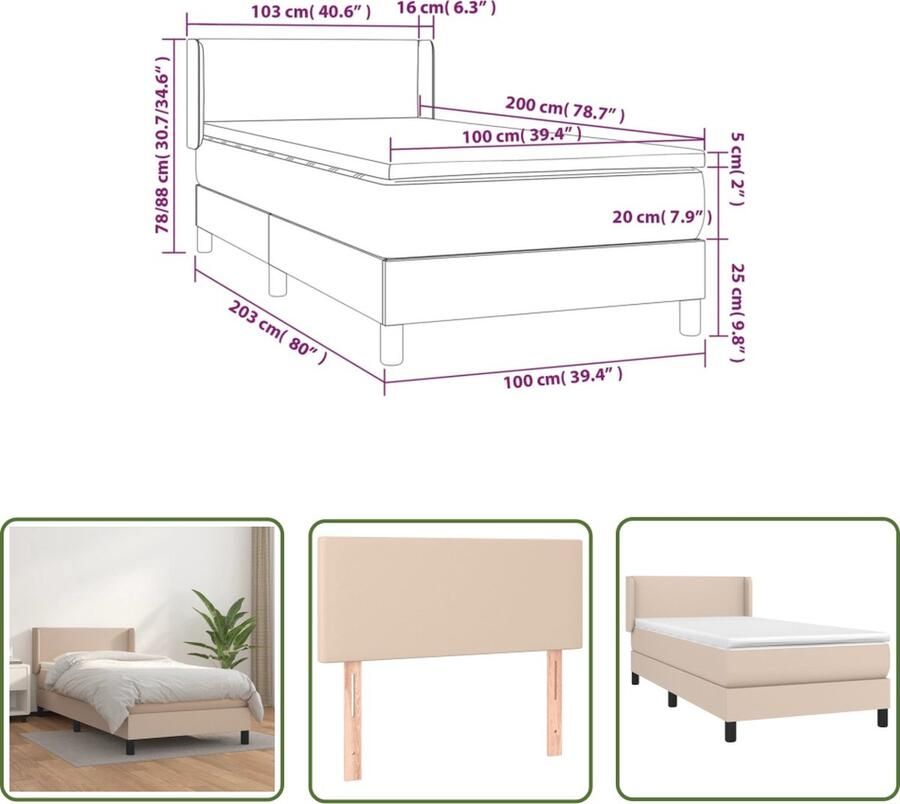 The Living Store Boxspringbed Cappuccino 203 x 103 x 78 88 cm Hoogwaardig kunstleer Verstelbaar hoofdbord Pocketvering matras Middelharde ondersteuning Huidvriendelijk topmatras Montagehandleiding inbegrepen