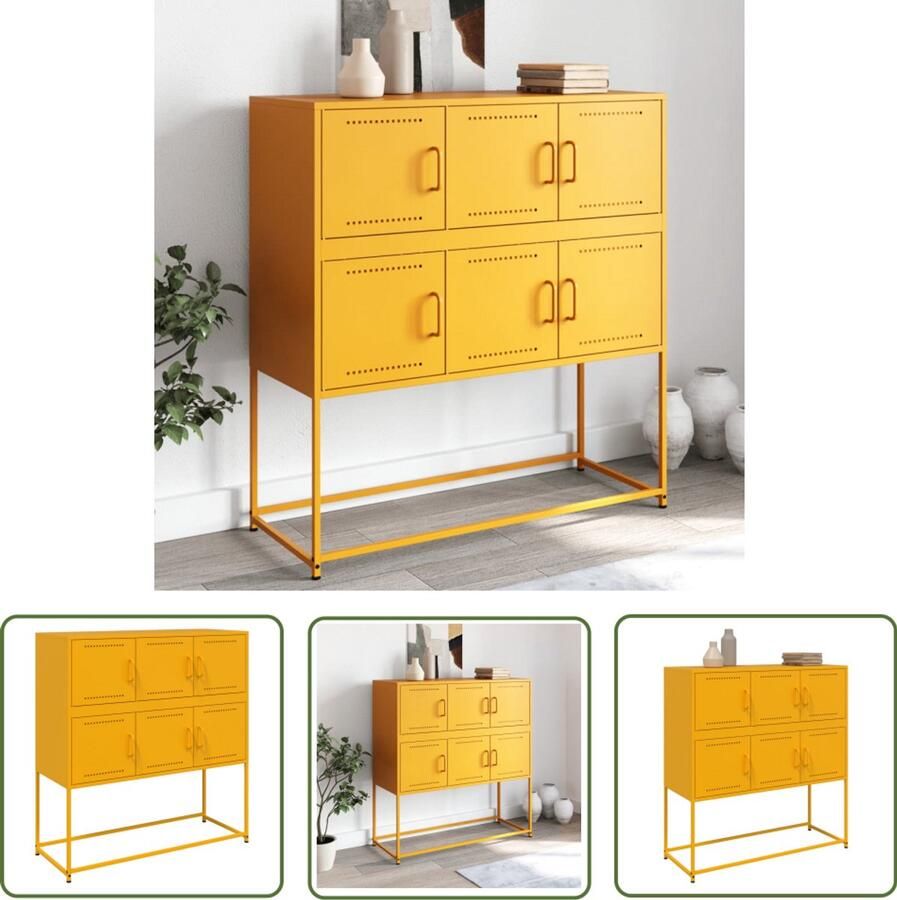 The Living Store Dressoir 100 5x39x107 cm staal mosterdgeel Dressoir Meubels Vintage Meubelen Mustard Yellow Furniture Industrieel Design