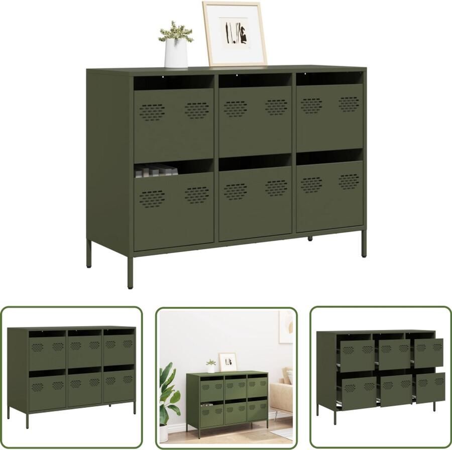 The Living Store Dressoir 101 5x39x73 5 cm koudgewalst staal olijfgroen Dressoir Commode Opbergmeubel Slaapkamer Woonkamer