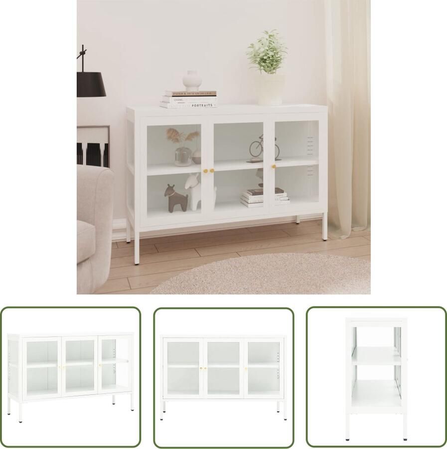 The Living Store Dressoir 105x35x70 cm staal en glas wit Opbergkast Dressoir Staal Kast Witte Kast Salontafel
