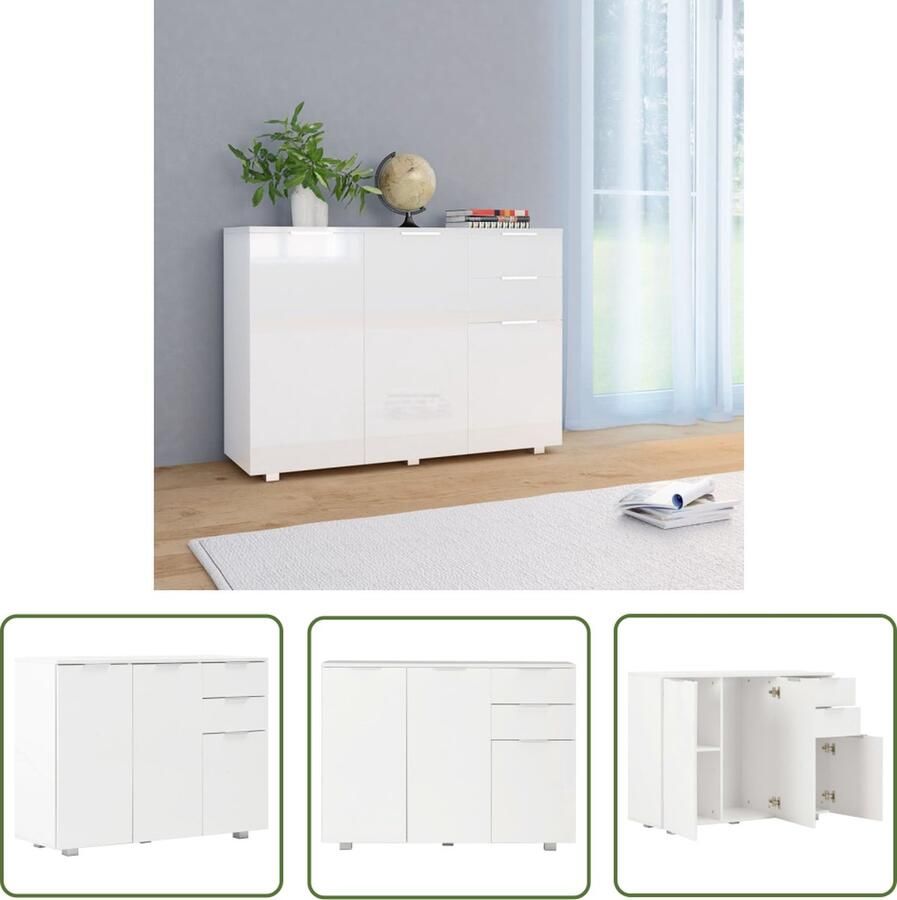 The Living Store Dressoir 107x35x80 5 cm hoogglans wit Dressoir Ladekast Opbergkast Houten Dressoir Wit Dressoir