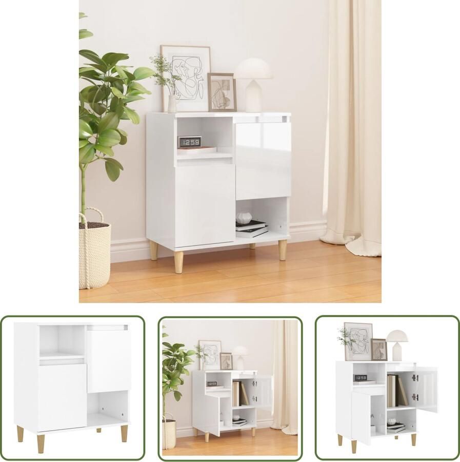 The Living Store Dressoir 60x35x70 cm bewerkt hout hoogglans wit Dressoir Commode Houten Kast Witte Kast Opslagoplossing