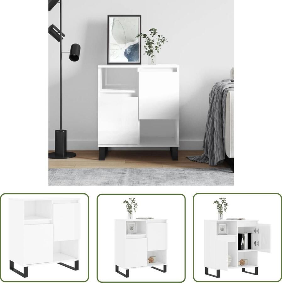 The Living Store Dressoir 60x35x70 cm bewerkt hout hoogglans wit Dressoir Opbergkast Kast Salontafel Woonaccessoires