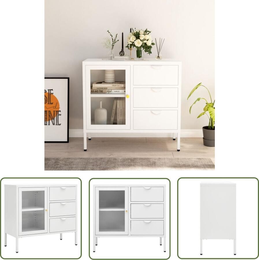 The Living Store Dressoir 75x35x70 cm staal en gehard glas wit Dressoir Vitrinekast Opbergkast Salontafel Livingroom Furniture - Foto 2