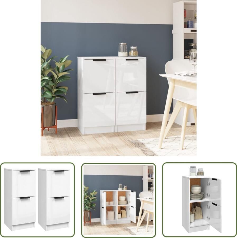 The Living Store Dressoirs 2 st 30x30x70 cm bewerkt hout hoogglans wit Dressoir Commode Opbergkast Houten Dressoir Modern Dressoir