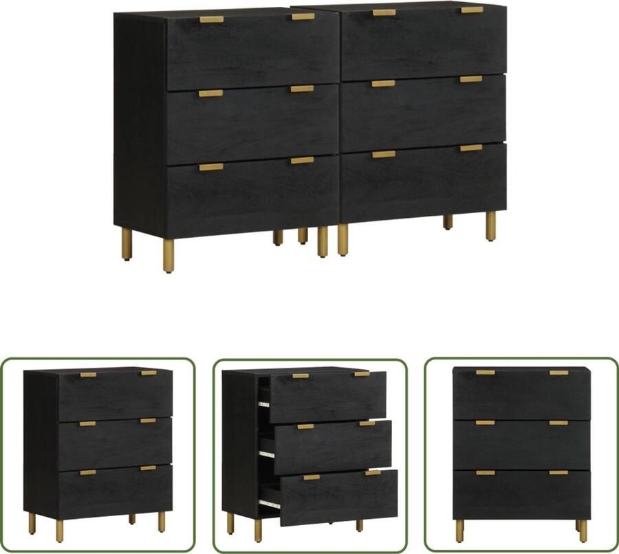 The Living Store Dressoirs 2 st 60x33x75 cm bewerkt hout zwart Dressoir Commode Opbergkast Houten Kast Salontafel