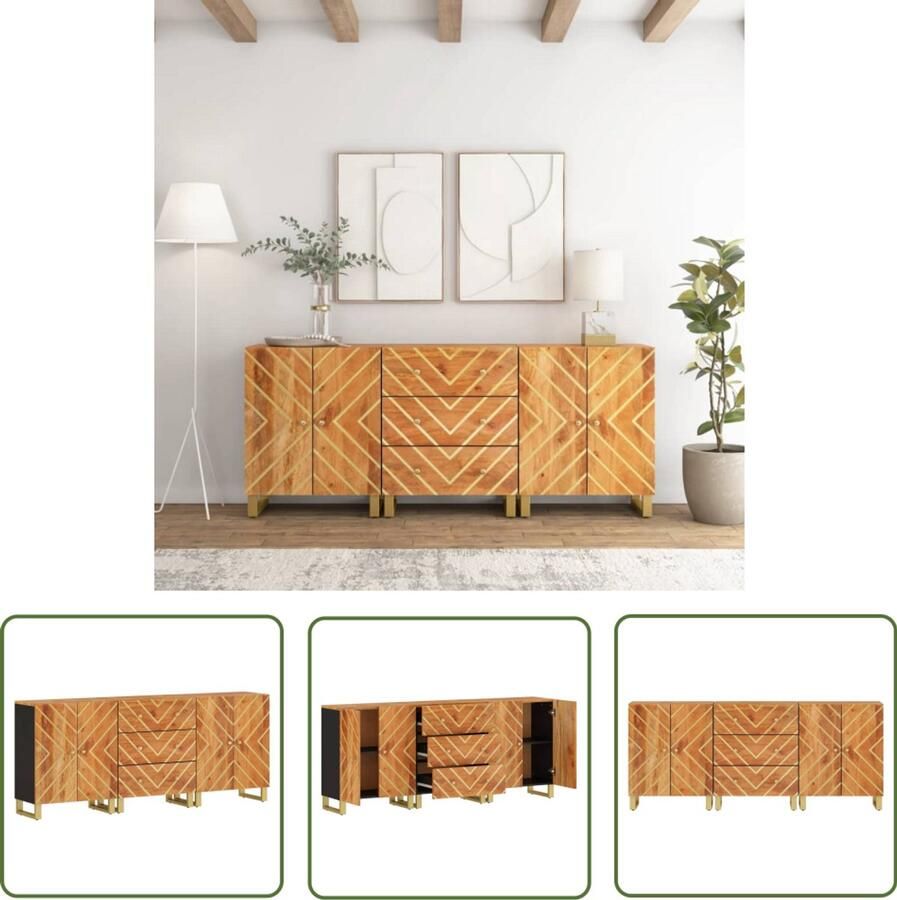 The Living Store Dressoirs 3 st 60x33 5x75 cm massief mangohout bruin en zwart Dressoir Bijzettafel Mangohout Vintage Houten Kast