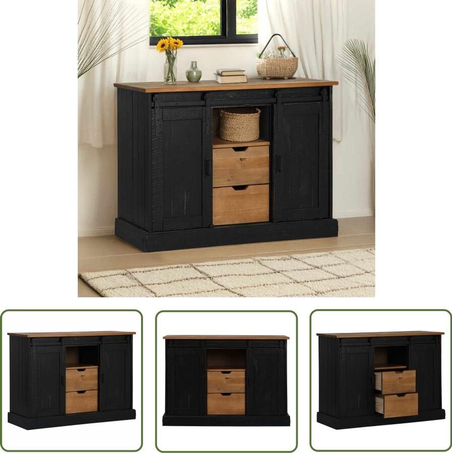 The Living Store Dressoir HALDEN 2 schuifdeuren 112x40x80 cm massief hout zwart Dressoir Tv-meubel Opbergkast Salontafel Houten Meubels