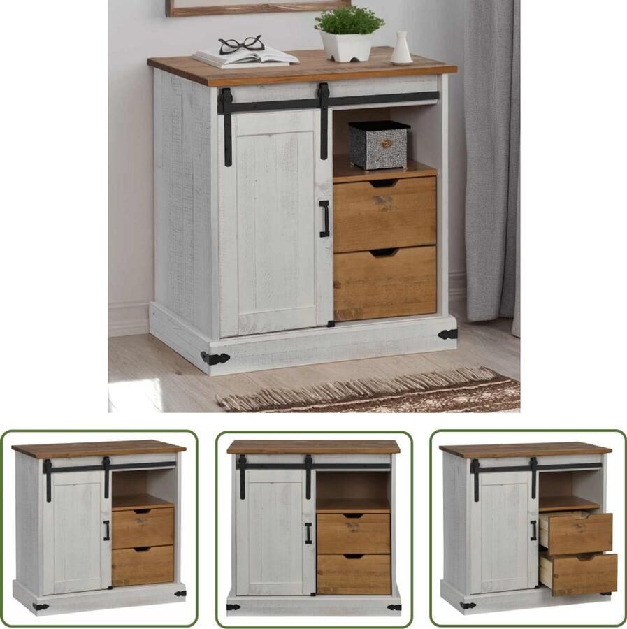 The Living Store Dressoir HALDEN met schuifdeur 80x40x80 cm massief hout wit Dressoir Houten Dressoir Vintage Dressoir Salontafel Tv Tafel
