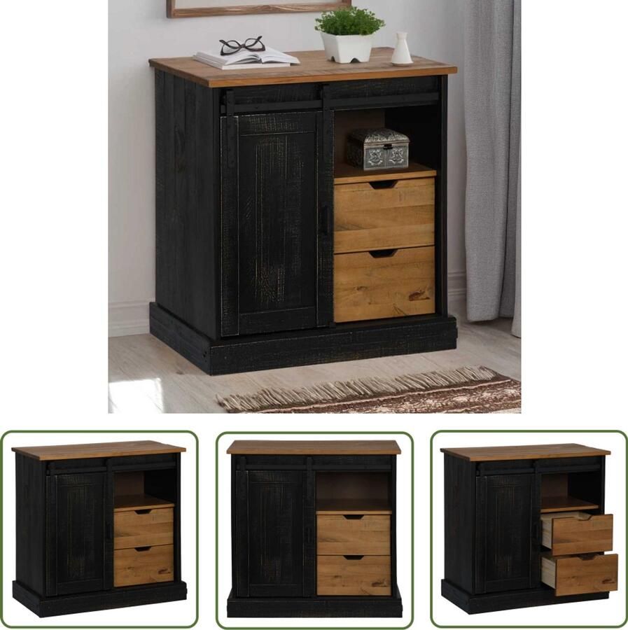 The Living Store Dressoir HALDEN schuifdeur zwart 80x40x80 cm massief hout grijs Dressoir Tv-meubel Opbergkast Houten Meubels Industrieel Design