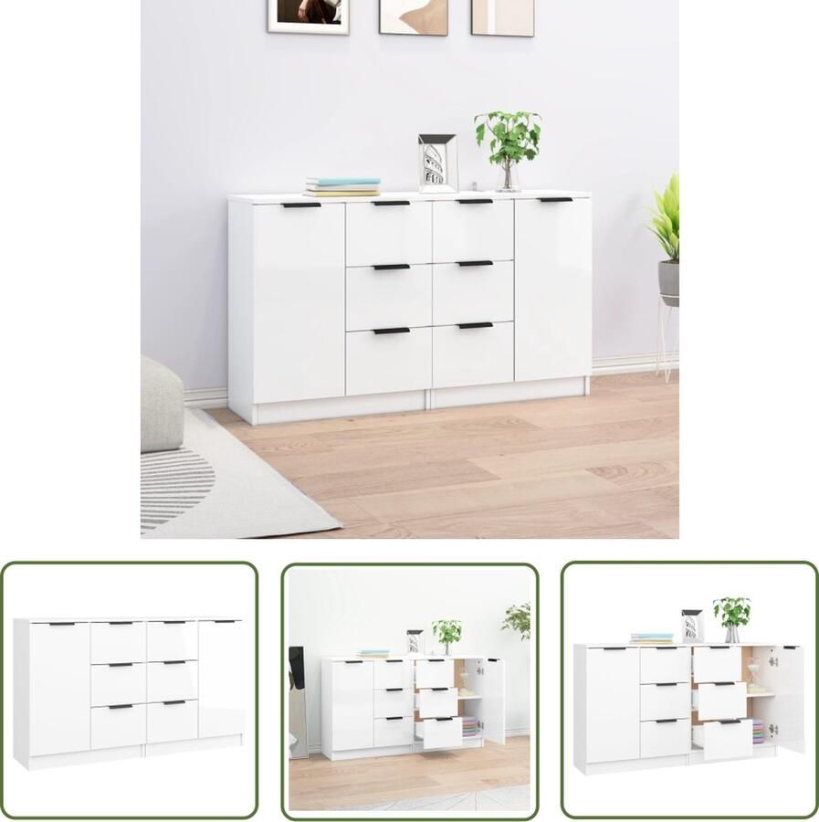 The Living Store Dressoirs 2 st 60x30x70 cm bewerkt hout hoogglans wit Dressoir Minimalistisch Meubel Houten Dressoir Wit Dressoir Opbergkast