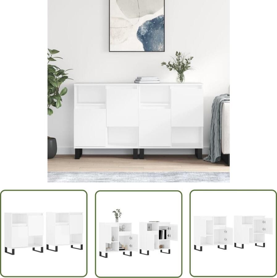 The Living Store Dressoirs 2 st bewerkt hout hoogglans wit Dressoir Commode Vintage Meubel Houten Dressoir Modern Dressoir