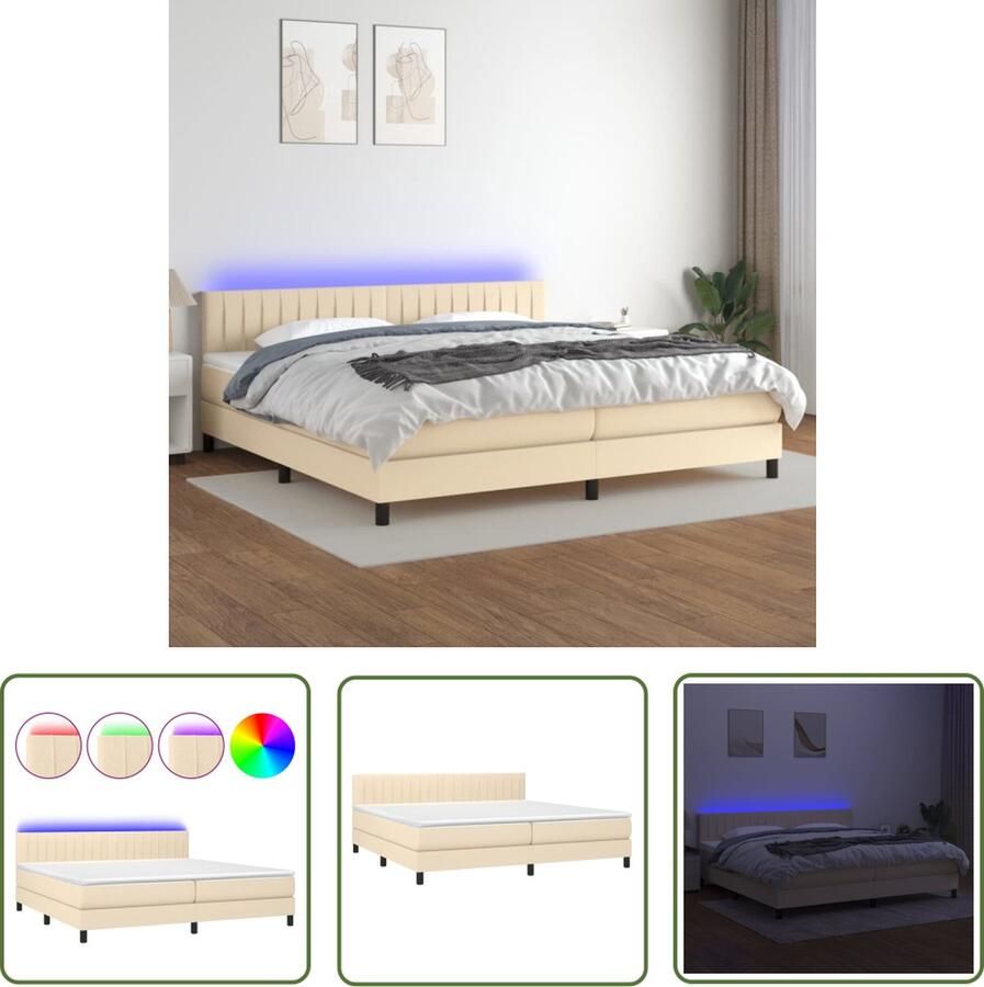 The Living Store Boxspring met matras en LED stof crèmekleurig 200x200 cm Boxspring Bed Creme Boxspring Elektrisch Verstelbare Boxspring Led Boxspring Pocketed Spring Mattress