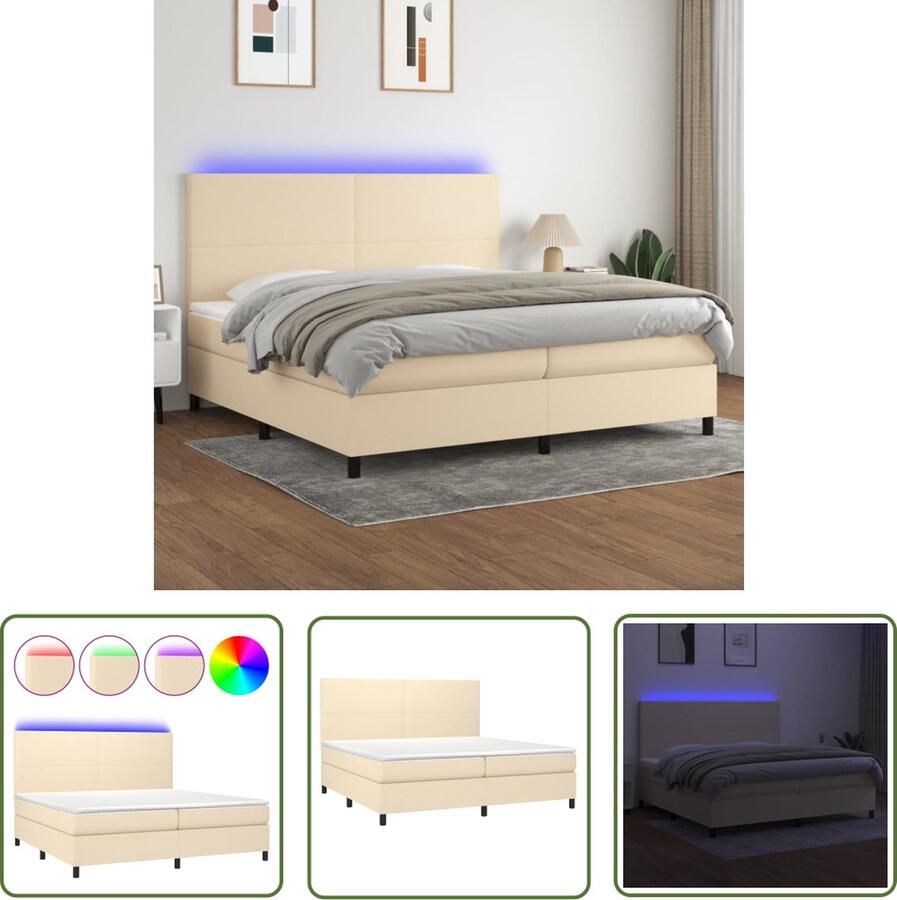The Living Store Boxspring Bed Crème 203 x 200 x 118 128 cm Verstelbaar hoofdbord Kleurrijke LED-verlichting Pocketvering matras Huidvriendelijk topmatras 1 bedframe 1 hoofdeind 2 matrassen 1 topmatras 2 LED-strips