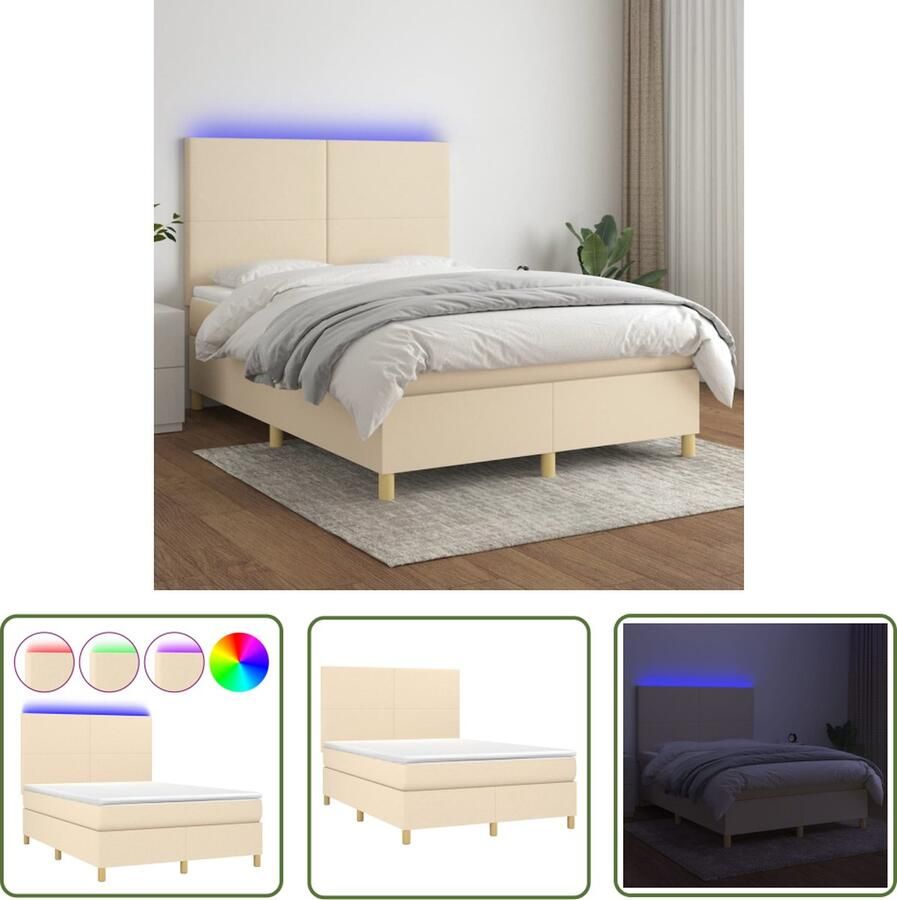 The Living Store Boxspring met matras en LED stof crèmekleurig 140x190 cm Boxspring Creme Boxspring Led Boxspring Adjustable Headboard Pocketed Spring Mattress