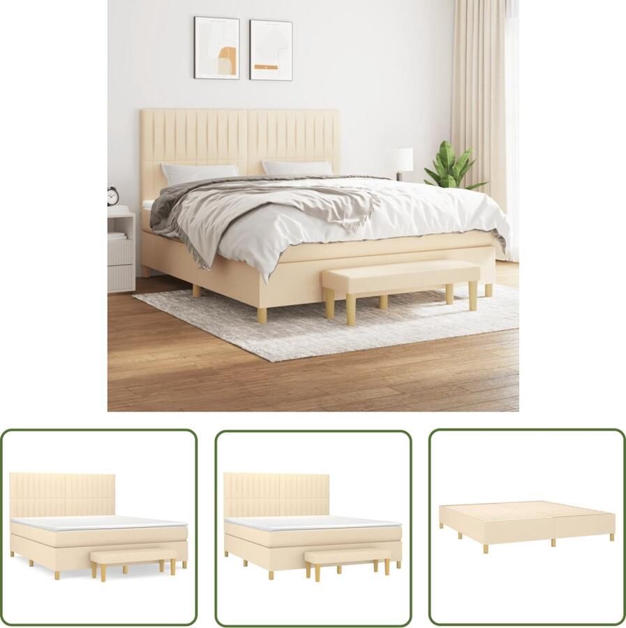 The Living Store Boxspringbed Crème 203 x 160 x 118 128 cm Duurzaam Verstelbaar hoofdbord Pocketvering matras Middelharde ondersteuning Huidvriendelijk topmatras Multifunctioneel bankje