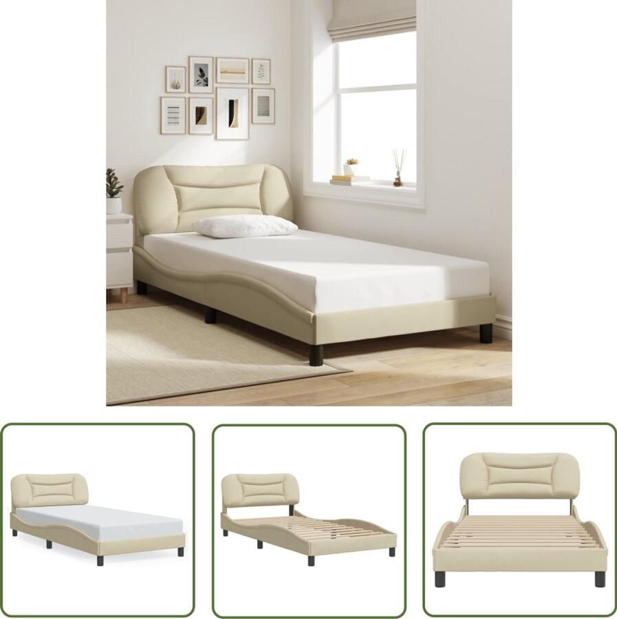 VidaXL Bedframe zonder matras Hvar 100x200 cm stof crèmekleurig Bedframe Creme Kleurig Bedbank Boxspring Tweepersoonsbed