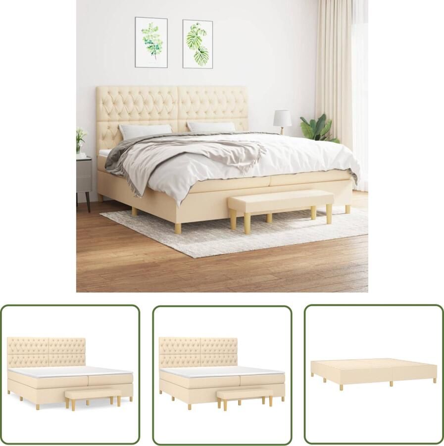 The Living Store Boxspringbed Premium Crème 203 x 200 x 118 128 cm Duurzaam Verstelbaar hoofdbord Pocketvering matras Middelharde ondersteuning Huidvriendelijk topmatras Multifunctioneel bankje Inclusief montagehandleiding
