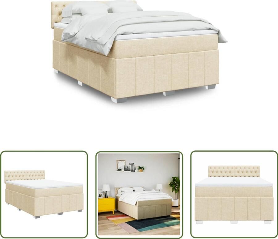 VidaXL Boxspring met matras stof crèmekleurig 160x200 cm Boxspring Creme Kleurt Slaapcomfort Matras Pocketvering
