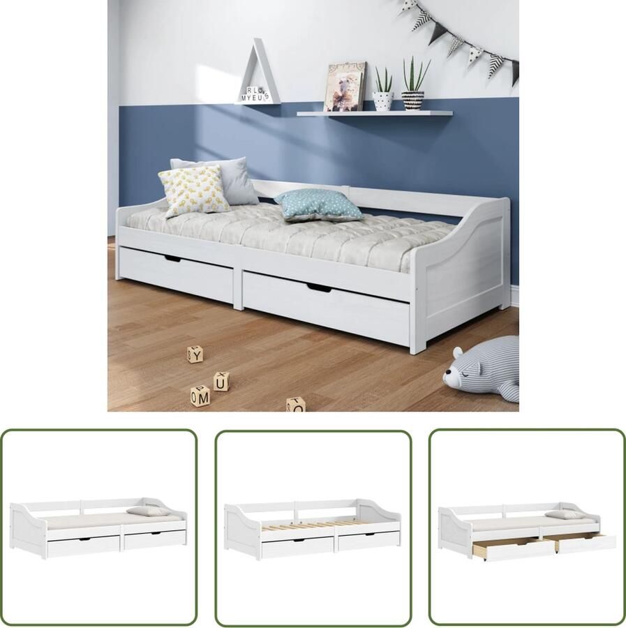 The Living Store Slaapbank met 2 lades IRUN 90x200 cm massief grenenhout wit Slaapbank Daybed Bankslaap Tweepersoonsbed Stapelbaar Bed