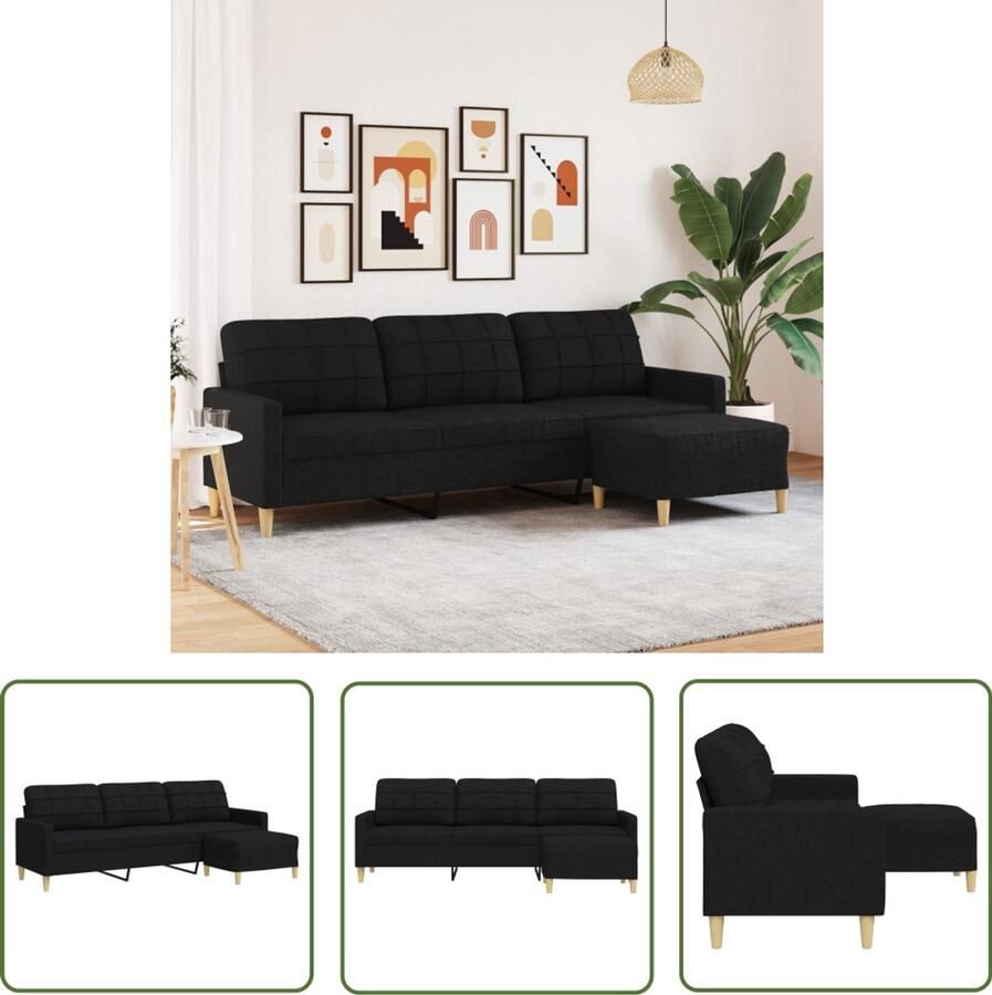 The Living Store Driezitsbank met voetenbank 210 cm stof zwart Comfortabele Bank Design Bank Zwarte Bank Salontafel Bankstel