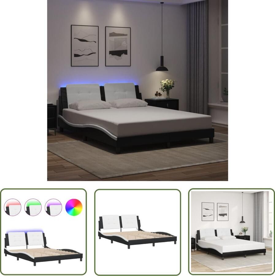 The Living Store Bedframe met LED-verlichting kunstleer zwart en wit 160x200 cm Led Bedframe Design Bed Tweepersoons Bed Boxspring Bed Modern Bed
