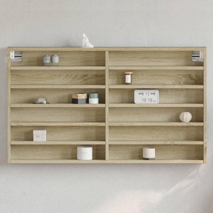 The Living Store Vitrinekast 100x8 5x58 cm bewerkt hout sonoma eikenkleurig Vitrinekast Displaykast Houten Kast Salontafel Woonkamer Meubels