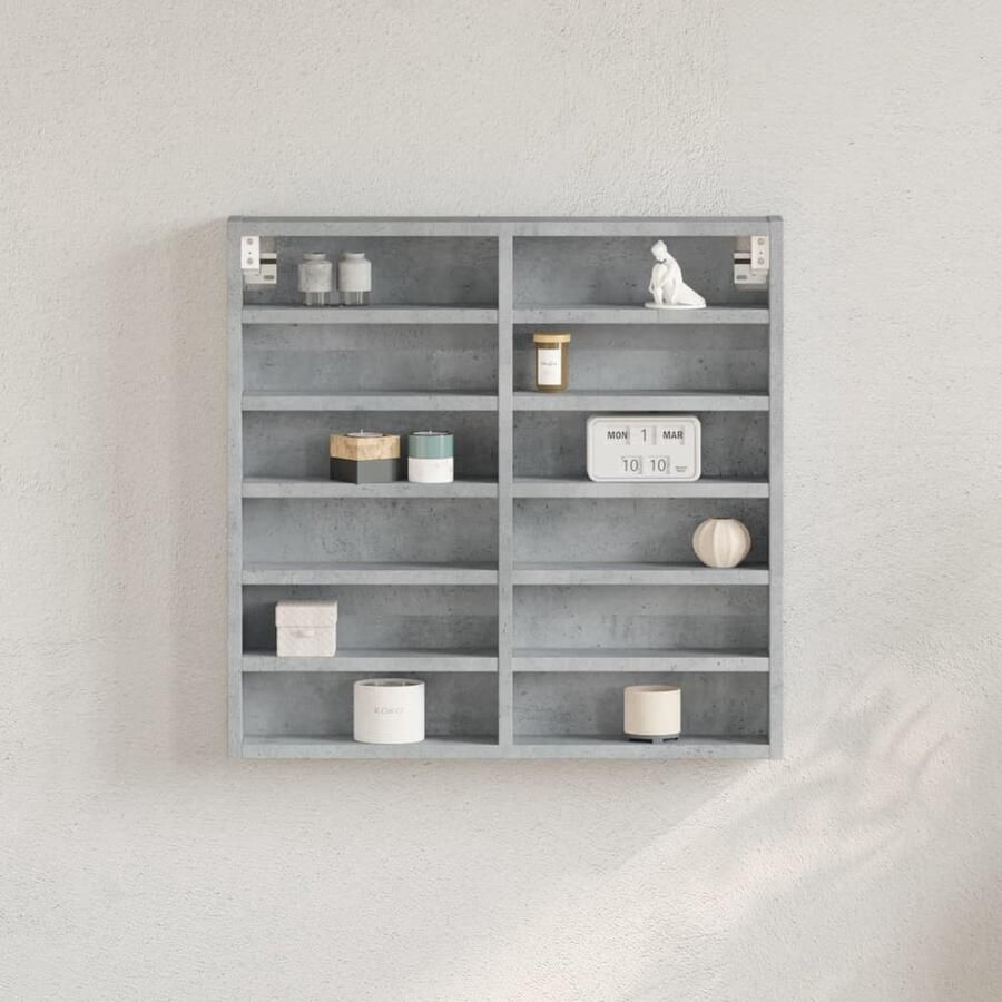 The Living Store Vitrinekast 60x8 5x58 cm bewerkt hout betongrijs Vitrinekast Displaykast Opbergkast Houten Kast Betonnen Kast