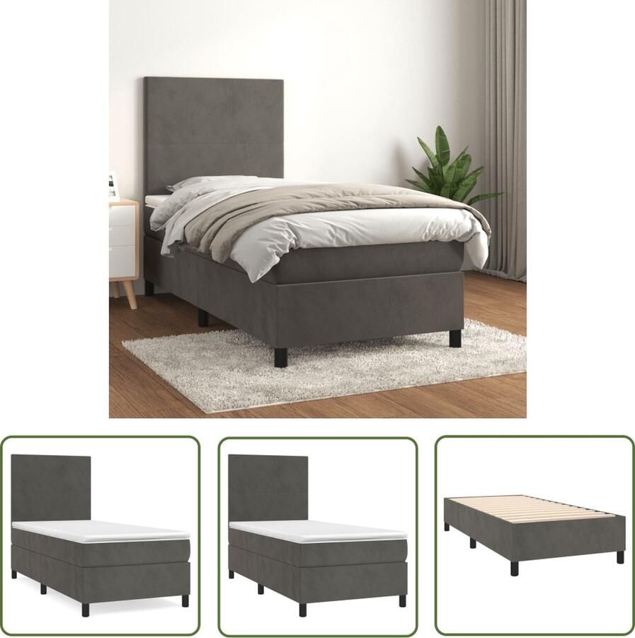 The Living Store Boxspringbed donkergrijs 193 x 90 x 118 128 cm fluweel verstelbaar hoofdbord pocketvering matras middelharde ondersteuning huidvriendelijk topmatras