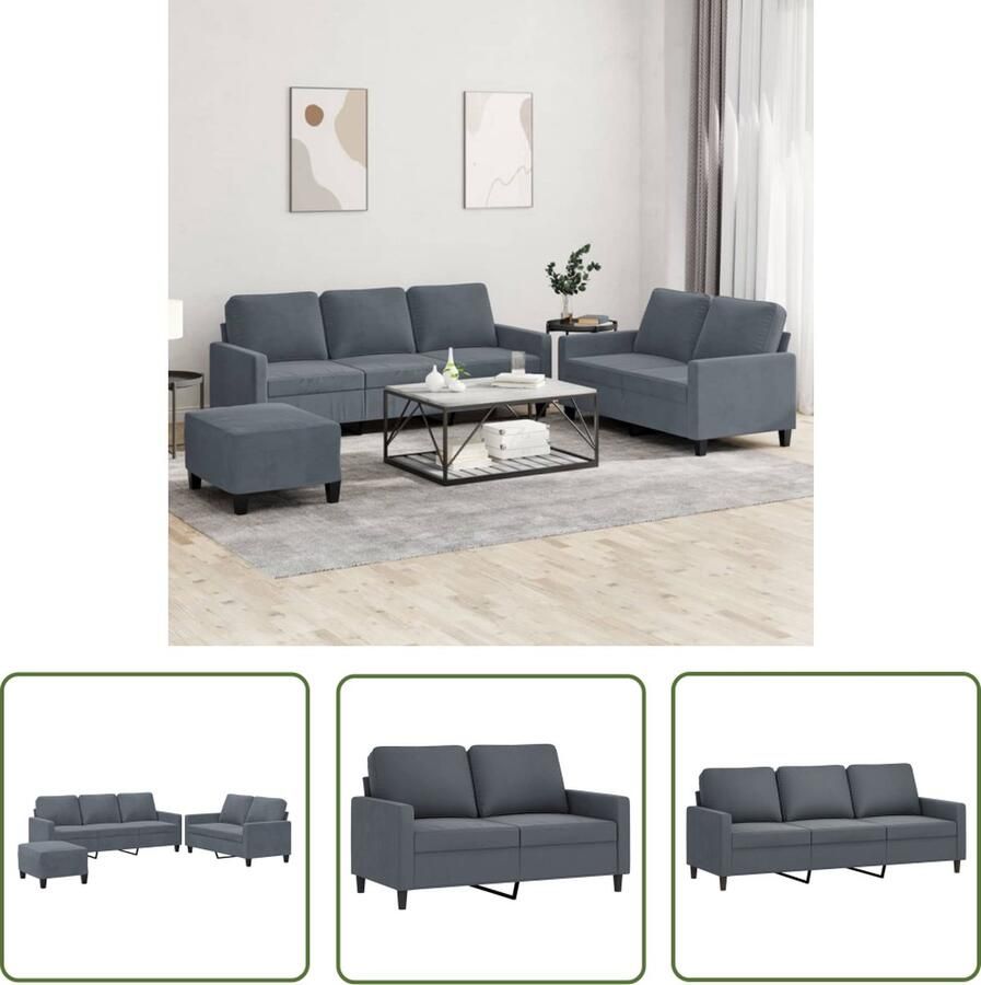 The Living Store Comfort Loungeset 2-zitsbank + 3-zitsbank + Voetenbank Fluweel Donkergrijs Metaal Frame Loungeset Donker Grijs Velvet Bankstel Comfort Lounge Set Zitzitting