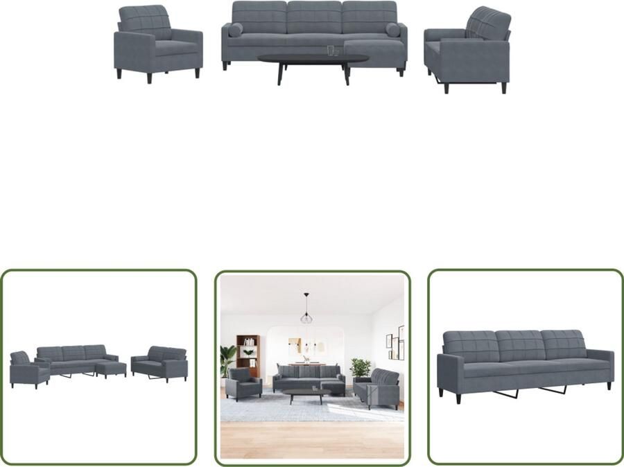 VidaXL Donker Grijs Loungeset 4-delige Loungeset met kussens en bolsters fluweel donkergrijs Velours Bankstel Salontafel