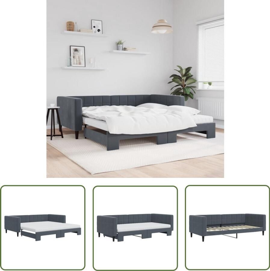 VidaXL Slaapbank onderschuifbed matrassen 100x200cm fluweeldonkergrijs Slaapbank Donker Grijs Fluweel Onderschuifbed Bankbed