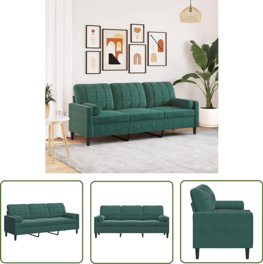 The Living Store Driezitsbank met sierkussens 180 cm fluweel donkergroen Drie Zits Bank Donker Groene Bank Velours Bank Salontafel Bankstel