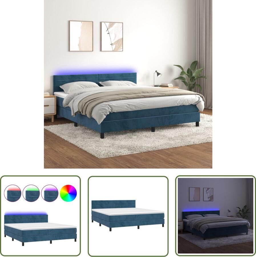 The Living Store Boxspring Donkerblauw Fluweel 203 x 180 x 78 88 cm LED Pocketvering Matras HuidvriendelijkTopmatras Boxspring Donkere Blauwe Boxspring Velvet Boxspring Led Boxspring Pocketveer Matras