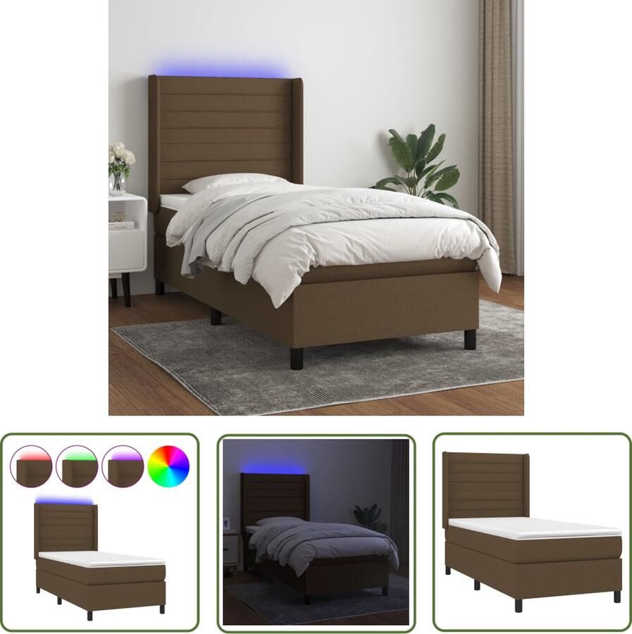 The Living Store Bed Boxspring Bed 203 x 83 x 118 128 cm Donkerbruin Inclusief matras en LED Boxspring Bed Donkere Bruine Bed Led Lampje Bed Slaapcomfort Pocketed Veren Matras
