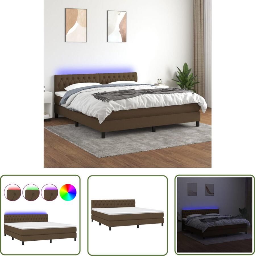 The Living Store Boxspring Donkerbruin 160x200 LED Pocketvering Matras Huidvriendelijk Topmatras Boxspring Donkere Bruine Boxspring Led Boxspring Met Led Pocketed Veren Matras