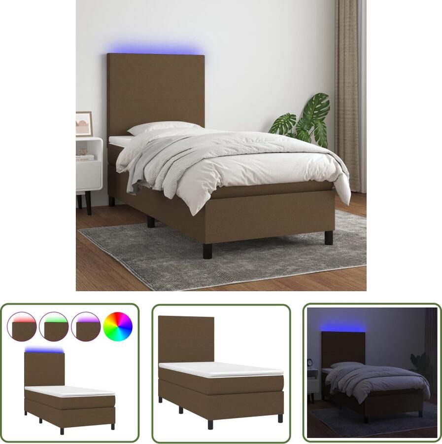 The Living Store Boxspring Donkerbruin 193x90x118 128 cm LED Pocketvering matras Huidvriendelijk topmatras Boxspring Donkere Bruine Boxspring Led Boxspring Pocketveer Matras Boxspring Met Led