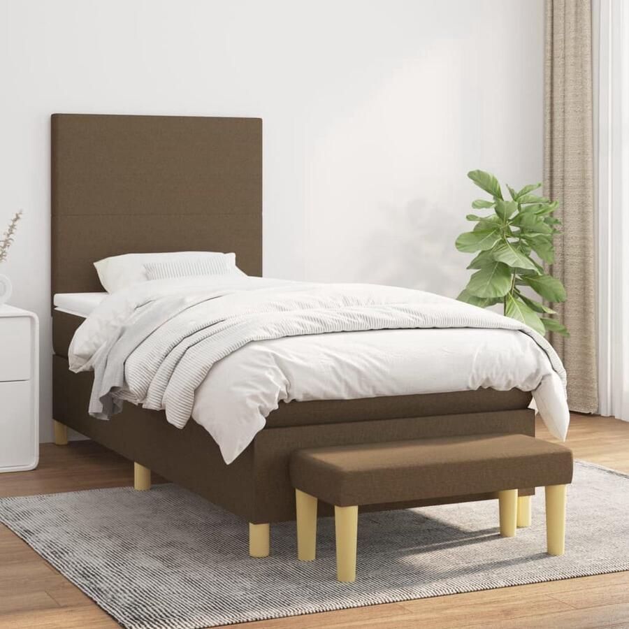 The Living Store Boxspringbed Donkerbruin 203 x 100 x 118 128 cm Duurzaam Verstelbaar hoofdbord Pocketvering matras Middelharde ondersteuning Huidvriendelijk topmatras Multifunctioneel bankje