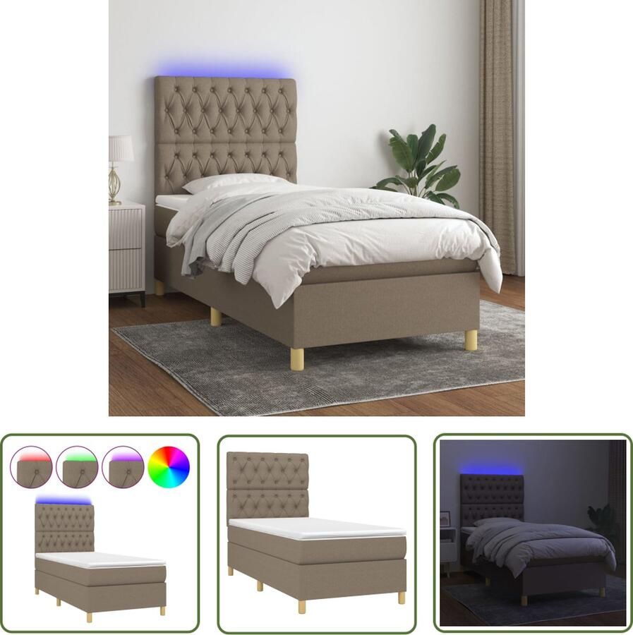 The Living Store Boxspring met matras en LED stof taupe 80x200 cm Boxspring Bed Donkere Grijze Boxspring Elektrisch Verstelbare Hoofdbord Led Verlichting Bed Pocketveer Matras