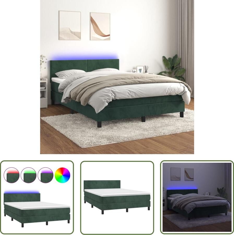 The Living Store Boxspring Donkergroen Fluweel 193 x 144 x 78 88 cm Verstelbaar hoofdbord Boxspring Donkere Groene Boxspring Fluweel Bed Verstelbare Hoofdbord Led Lampen