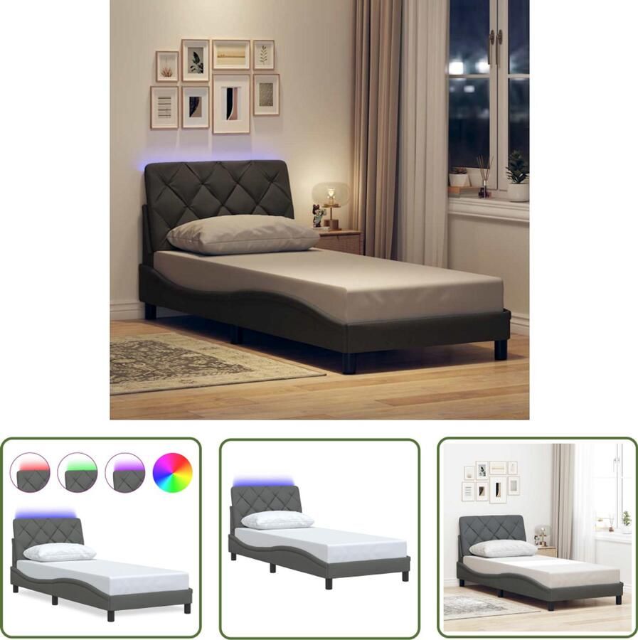 VidaXL Bedframe met LED zonder matras 80x200 cm stof donkergrijs Bed Frame Donkere Kleur Led Verlichting Slaapkamers Hoofdkussens