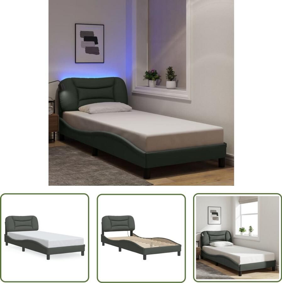VidaXL Bedframe met LED zonder matras Hvar 80x200 cm stof donkergrijs Bedframe Donkere Kleuren Led Verlichting Hoofdbord Tweepersoonsbed