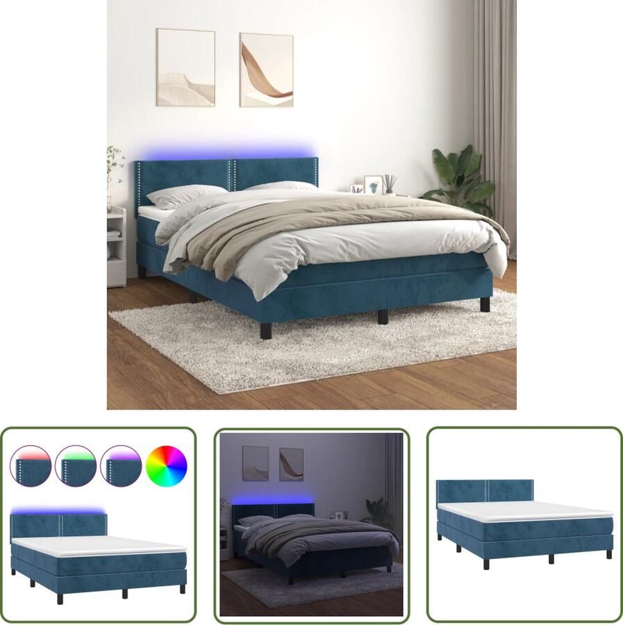 The Living Store Boxspring Bed Donkerblauw fluweel 140x190 cm Met LED-verlichting Boxspring Bed Donkere Kleuren Velvet Bed Led Lampen Tweepersoons Bed - Foto 2